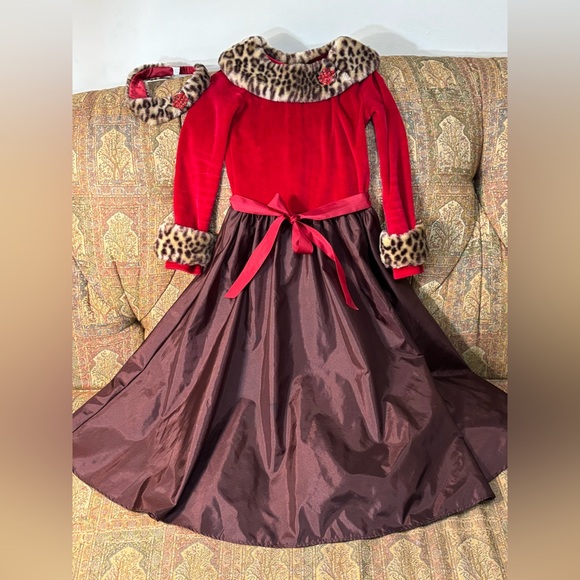 American Girl Other - American Girl Chocolate Cherry Holiday Dress With Collar, Cuff Headband SZ 8